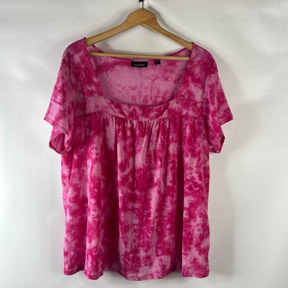 Avenue Womens Mesh Top Size 3X 22/24 Pink Tie Dye Square Neck Short Sleeve - Picture 2 of 10